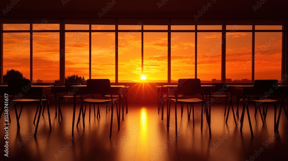 Poster sunset view from classroom with empty desks and chairs. (1)