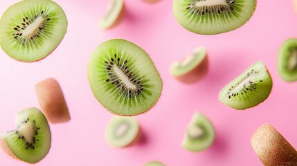 Fototapeta premium Slices of kiwi fruit falling against a pink background