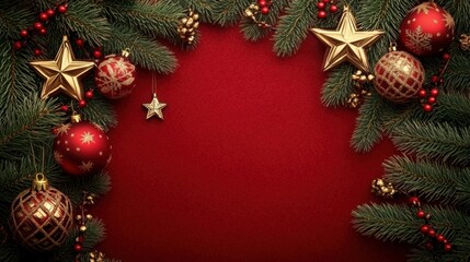 A vibrant red Christmas background adorned with gold ornaments, red baubles, glittering stars, and lush evergreen branches, creating a festive holiday atmosphere.