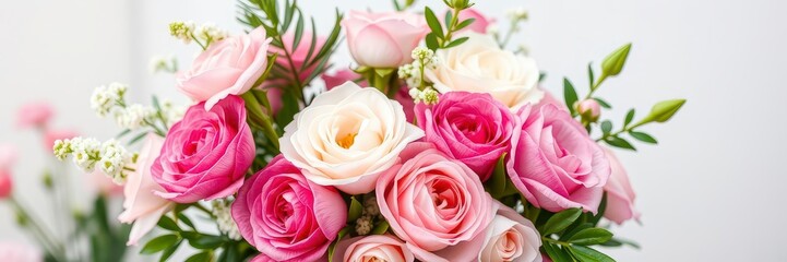 Obraz premium A beautiful arrangement of fresh pink peonies and roses with space for text, floral, garden