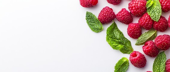 Lush red raspberries and fresh green mint leaves displayed on a textured white surface.