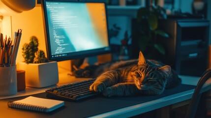 Tabby cat sleeping on desk near computer.