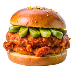 spicy nashville hot chicken sandwich on transparent background