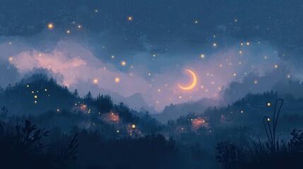 Fototapeta premium Magical night landscape with crescent moon, fireflies, and misty mountains.