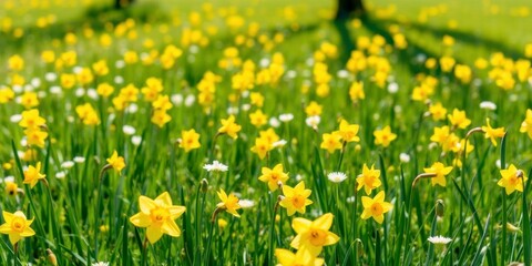 Vivid yellow daffodil flowers blooming in a lush green field under the bright sun, daffodil, bright