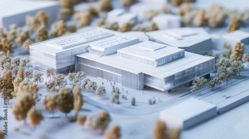 Poster architectural model of a modern building complex surrounded by trees.