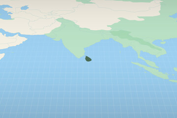 Sri Lanka highlighted on a detailed map, geographic location of Sri Lanka.