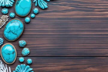 Artisanal jewelry collection featuring turquoise stones arranged on a dark wooden surface with coral details
