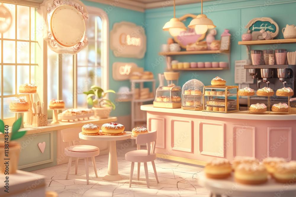 Aufkleber bright and inviting bakery features pastel colors and an array of delicious pastries on display. sun