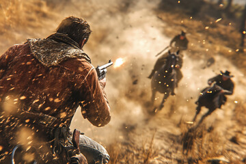Rugged cowboy engages in thrilling duel during dusty Wild West showdown