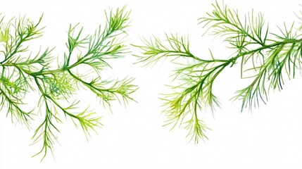 Watercolor Painting of Lush Green Plant Branches on White Background