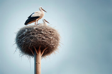 Fototapeta premium Two storks in a large nest on a pole. Space for text.