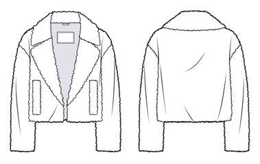 Fur Jacket technical fashion Illustration. Winter Coat fashion flat technical drawing template, pockets, front and back view, white, women, men, unisex CAD mockup.