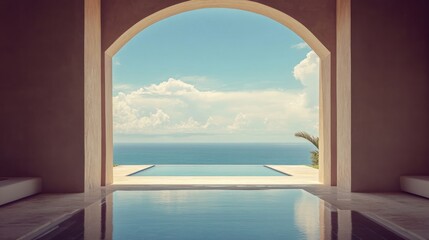 Fototapeta premium Ocean view through arched doorway, infinity pool.