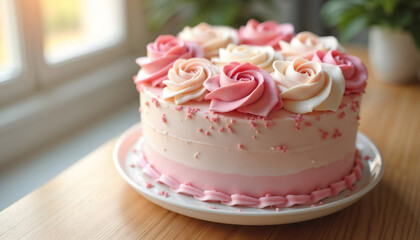 Beautifully decorated Mother&rsquo;s Day cake with pink and white frosting roses on wooden table with natural light