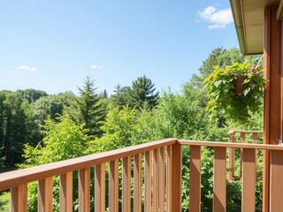 A sunny balcony with a wooden railing overlooking a peaceful garden, perfect for adding text or graphics, railing, sunny, nature