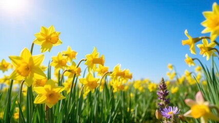 Fototapeta premium Beautiful daffodil flowers in full bloom in a field of green grass under a clear blue sky, yellow, flowers