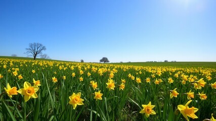 Obraz premium Beautiful yellow daffodil flowers blooming in a vast field, under a clear blue sky, meadow, field, countryside