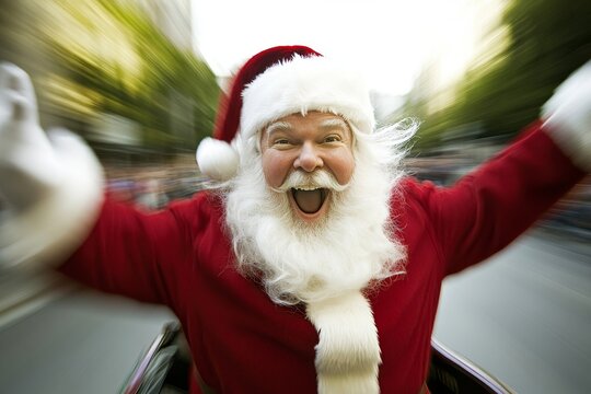 Holiday parade highlights Santa Claus riding in a float, spreading happiness to the spectators. Generative Ai