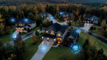 Suburban neighborhood features houses surrounded by trees, connected by colorful wireless network symbols, highlighting modern connectivity