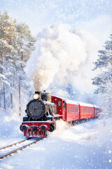 A vintage steam red train winding through a snowy forest landscape. Steam clouds, snow-covered trees, and the nostalgic charm