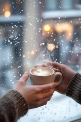 Close up of hands holding cup of hot coffee, snow falling outside frozen window, serene mood