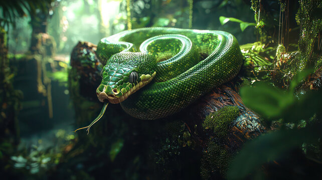 A green tree python coiled on a branch in a dense tropical forest."