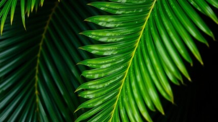 Close up of the natural texture of a tropical green palm leaf, detail, green