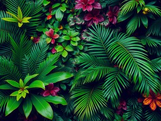 Close up of vibrant green tropical palm leaves, green, plant