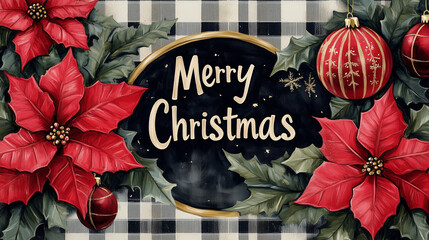 Poinsettias and Christmas balls on a black and white checkered background with the inscription Merry Christmas