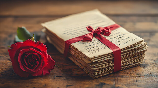 A stack of handwritten love letters tied with a red ribbon, resting on a wooden table with a single red rose beside them, Valentine's Day