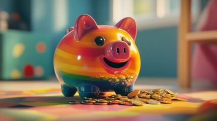 Obraz premium Rainbow pig piggy bank filled with gold coins on floor.