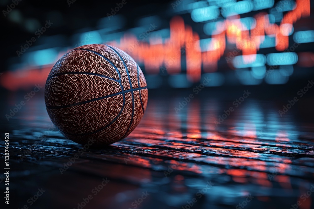 Poster a basketball set against a screen showing analytics and charts of statistics.