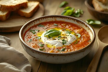 zupa pomidorowa, pomidory, śmietana, oliwa, bazylia, kuchnia polska, apetyczne, domowy smak, elegancja, prostota, minimalistyczne tło, rustykalny styl, naturalne światło, ciepłe tonacje, chrupiący chl