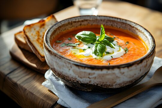 zupa pomidorowa, pomidory, śmietana, oliwa, bazylia, kuchnia polska, apetyczne, domowy smak, elegancja, prostota, minimalistyczne tło, rustykalny styl, naturalne światło, ciepłe tonacje, chrupiący chl