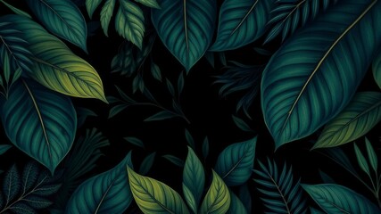 Fototapeta premium Dark and mysterious pattern featuring exotic leaves on a black background, texture, exotic leaves, trendy