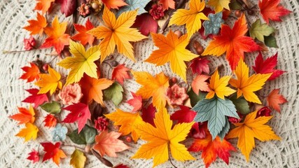 Fototapeta premium Dry orange metallic leaves arranged in a pattern on a vibrant violet background, abstract, vibrant, decorative