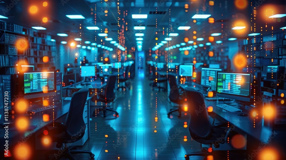 Aufkleber a dimly lit office space filled with computers, suggesting a tech or data analysis environment.