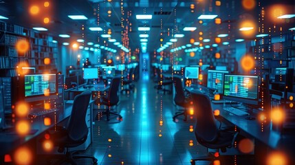 A dimly lit office space filled with computers, suggesting a tech or data analysis environment.