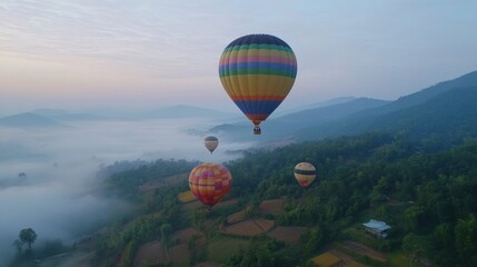 Fototapeta premium Hot air balloons float over misty mountains at dawn.