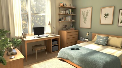 Cozy bedroom with desk, bed, shelves, sunlight.