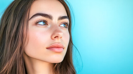 Naklejka premium Young woman with long brown hair and thoughtful expression on blue background