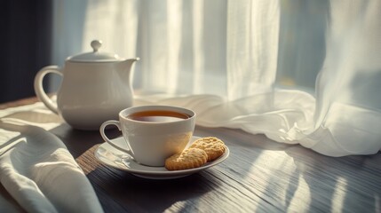 Fototapeta premium A cozy setup featuring a steaming cup of tea with biscuits, placed on a sun dappled wooden table beside sheer curtains, evoking warmth and comfort.