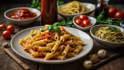 Variedad de platos de pasta con diferentes tipos de salsa 