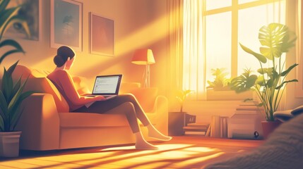 Woman working on laptop at home in sunlit room.
