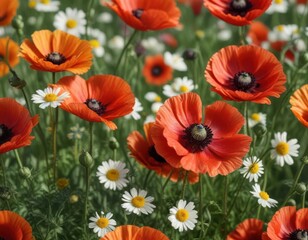 Obraz premium Delicate poppy & chamomile blossoms, vibrant hues, close-up view, romantic, meadow