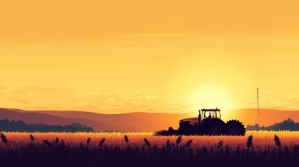 Fototapeta premium Tractor in field at sunset.