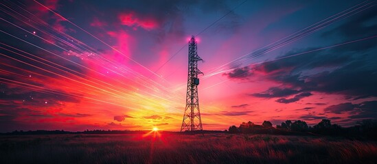 Fototapeta premium Vibrant sunset over a tall communication tower in a field.