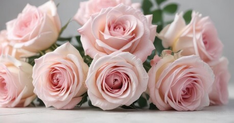 Fototapeta premium Blurred light pink rose bouquet, soft pastel hues, pink, flower petals
