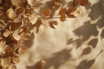 Tropical leaf shadows projected flatly on a plain wall, minimal and elegant.